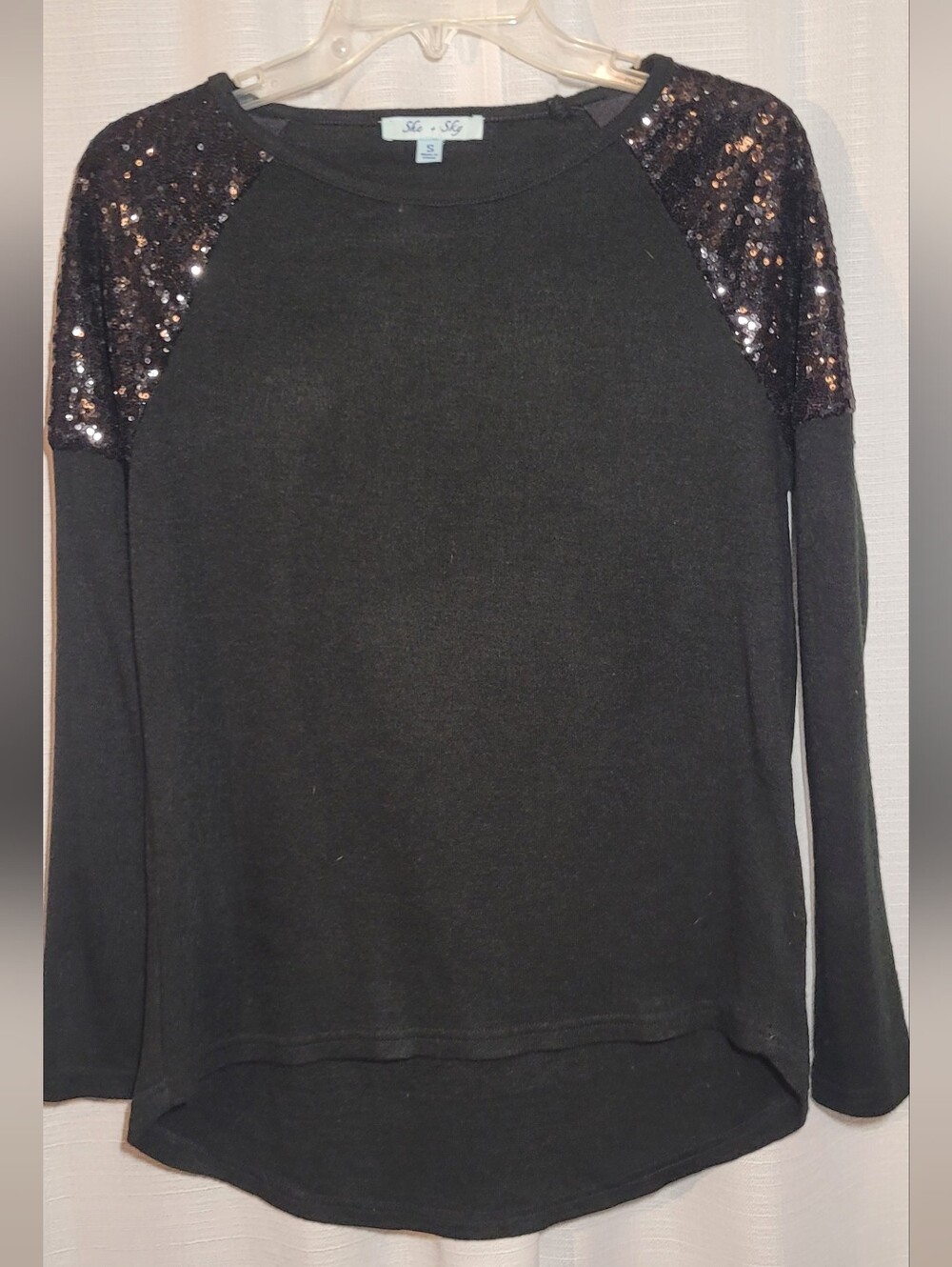 She + Sky Black Lightweight Sweater with Sequin Raglan Shoulders